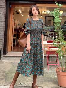 DAZY Của phụ nữ Thực vật In Vòng cổ Đầm - Cà phê - Xem 1
