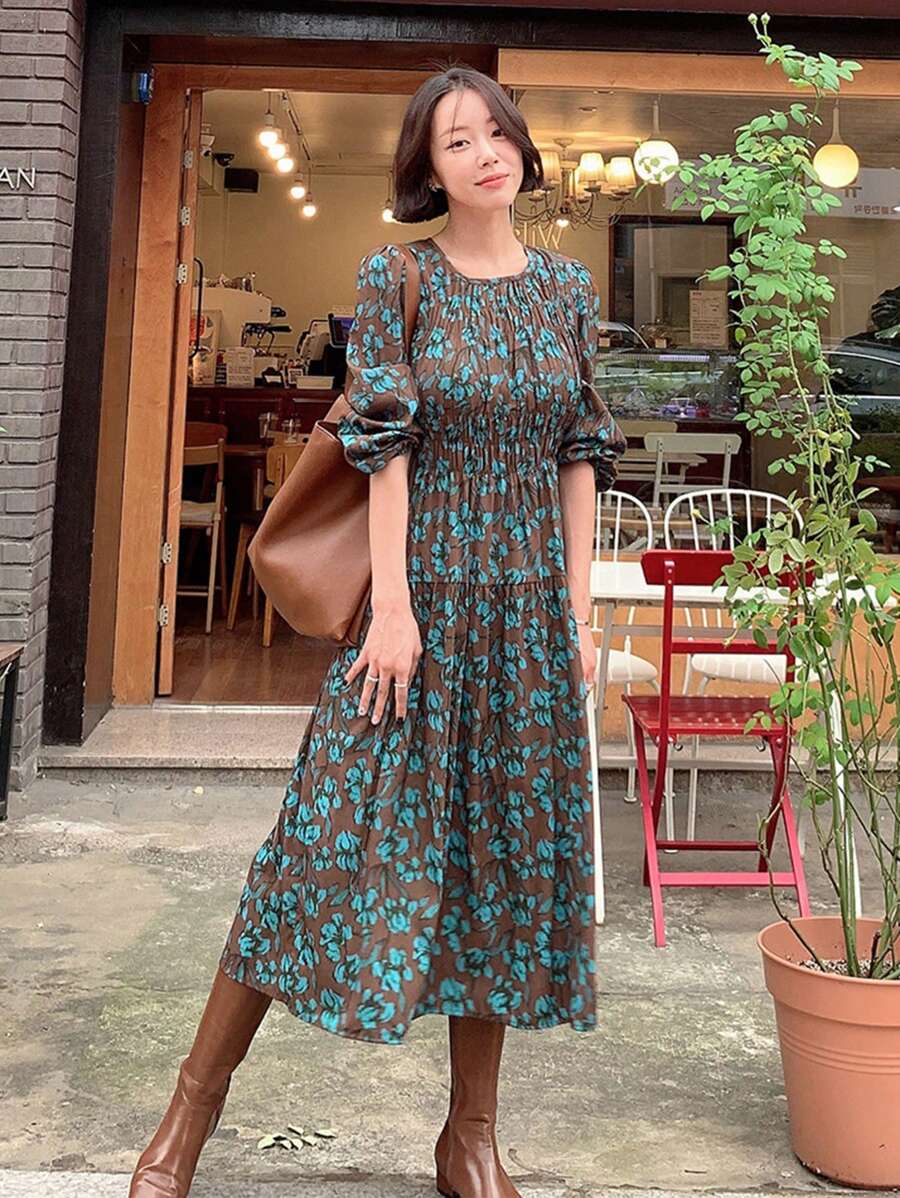 DAZY Của phụ nữ Thực vật In Vòng cổ Đầm - Cà phê - Xem 1