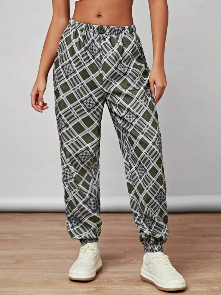 Vintage College Grid Casual Pants, American Style Harem Pants For Women With Elastic Cuffs, Spring/Summer