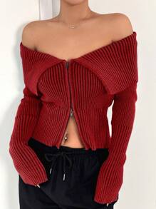 SHEIN EZwear 純色露肩前拉鍊針織開襟外套 - 酒紅色 - 查看 1