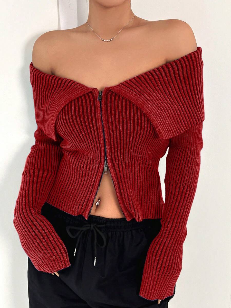 SHEIN EZwear 純色露肩前拉鍊針織開襟外套 - 酒紅色 - 查看 1