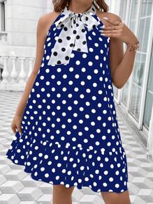 Celure In vết tròn Polka Kích thước lớn Váy có thắt lưng Với Vòng cổ Và Cà vạt - Màu xanh lam - Xem 6