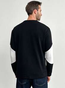 RueChic Men's Color Block Casual Daily Long Sleeve Pullover Sweatshirt - Black - View 2