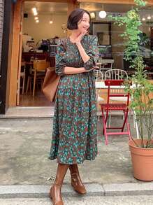 DAZY Của phụ nữ Thực vật In Vòng cổ Đầm - Cà phê - Xem 6