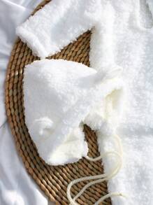 新生兒男寶寶的毛絨熊耳兜帽連襪連體短衣,攝影服飾套裝 - 白色 - 查看 8