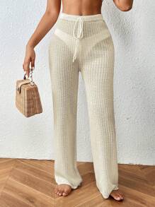 SHEIN Swim Summer Beach Ladies' Texture Drawstring Cover-Up Pants Wedding - Apricot - View 6