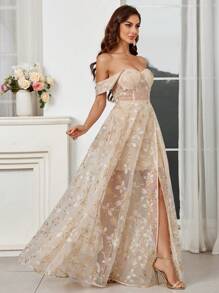 SHEIN Belle Abito Da Sera In Tessuto Pesante Ricamato Per Donne Con Orlo Ultralungo, Spacco Laterale Alto E Design Off-shoulder - Multicolore - Visualizzare 5