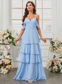 SHEIN Belle 綁帶吊帶成人伴娘服，V領，荷葉邊和層疊裙擺 - 淺藍色 - 查看 5