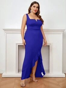 SHEIN Belle Kích thước lớn Của phụ nữ Ruffled Hem Tách cao Đầm - Xanh đậm - Xem 7