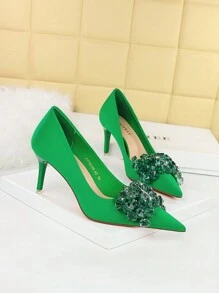 歐美風派對高跟鞋，女式豪華緞面尖頭蝴蝶結鞋 - 綠色 - 查看 2