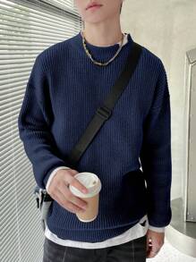 Manfinity 男士對比色邊縫2合1毛衣 - 藍色 - 查看 3