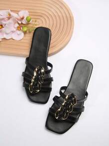 女性時尚休閒條紋平底涼鞋,金色扭轉鎖設計＆舒適行走設計,適用於家居和日常穿著 - 黑色 - 查看 6