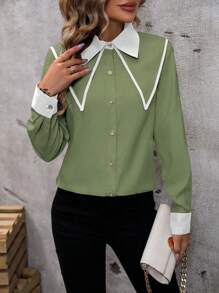 SHEIN Frenchy 女士對比色法式復古襯衫 - 綠色 - 查看 7