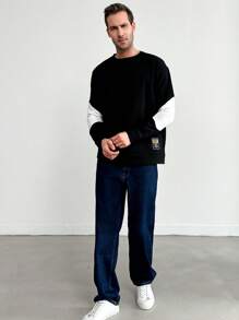 RueChic Men's Color Block Casual Daily Long Sleeve Pullover Sweatshirt - Black - View 4