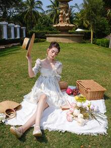 Women's Floral Printed Puff Sleeve Dress - White - View 6