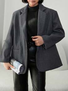 EURMUSE Women'S Wide Shoulder Woolen Coat With Single Button Closure - Black - View 1