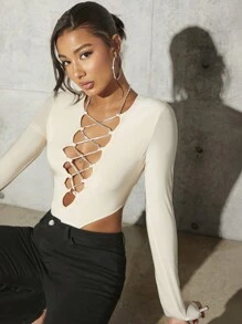 SHEIN BAE Women's Rhinestone Cross Detail Deep V-Neck Long Sleeve Bodysuit - Apricot - View 1