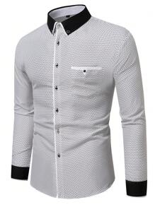 Men Allover Print Contrast Trim Shirt - White - View 1