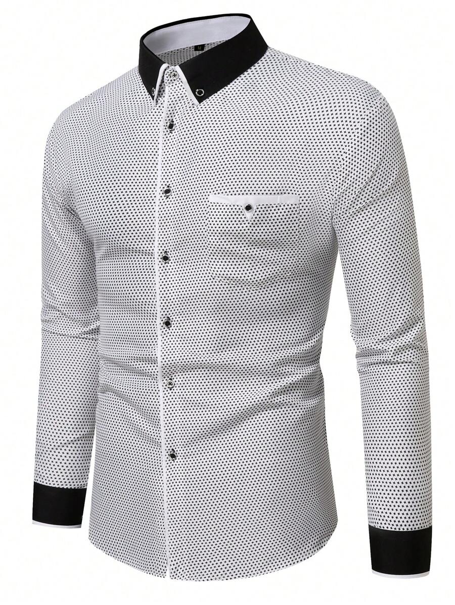 Men Allover Print Contrast Trim Shirt - White - View 1