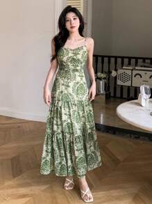 DAZY 波西米亚风印花雪纺吊带连衣裙 节日花卉图案吊带裙 度假装扮 女士复活节长裙 邮轮度假装扮 - 綠色 - 查看 6