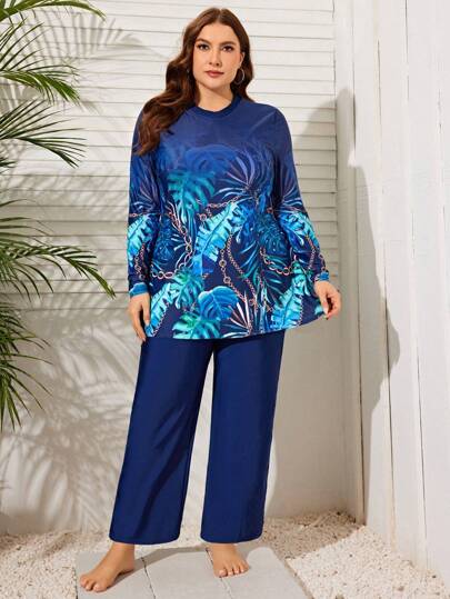 Swim Mulvari 大尺碼女性植物印花長袖長褲泳衣套裝