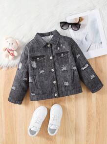 SHEIN Chaqueta de forro polar con estampado floral de moda para niña joven, otoño/invierno - Gris - Ver 4