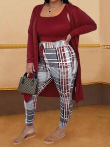 Inoviana 3pcs Plus Size Women Autumn Outfit Set: Coat, Cropped Tank Top And Plaid Leggings Fall Cloth For Women - Burgundy - View 5
