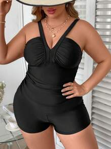 SHEIN Swim Curve Plus Size Women's Ruched Tank Bikini Set Music Festival - Black - View 4
