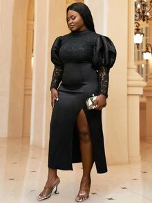 大尺碼對比蕾絲喇叭袖分襠連衣裙 - 黑色 - 查看 3