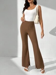 SHEIN Tall Women'S Solid Color Flare Pants - Brown - View 6