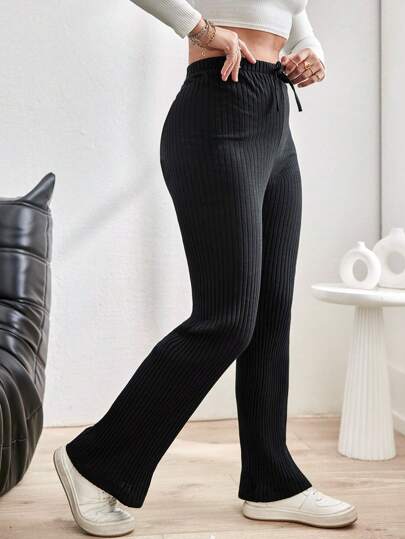 EURMUSE Plus Elastic Waist Rib-knit Flare Leg Pants