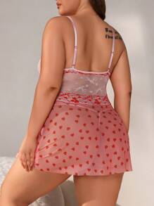 加大尺碼性感蕾絲拼接心形網眼連身裙,配t型褲 - 珊瑚粉 - 查看 2