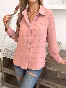 瑞士點實色優雅襯衫 - 粉色 - 查看 5