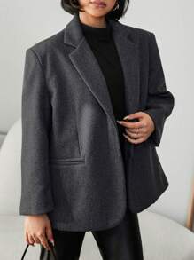 EURMUSE Women'S Wide Shoulder Woolen Coat With Single Button Closure - Black - View 5