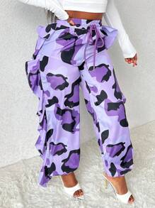 Slaydiva Women'S Camouflage Printed Ruffle Hem Drawstring Waist Pants - Purple - View 4