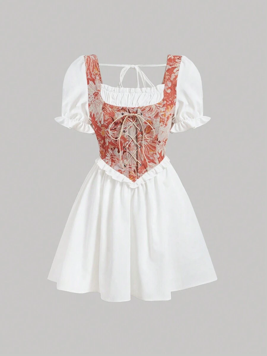 SHEIN MOD Women's Botanical Jacquard Tie Front Square Neck Dress - Multicolor - View 1