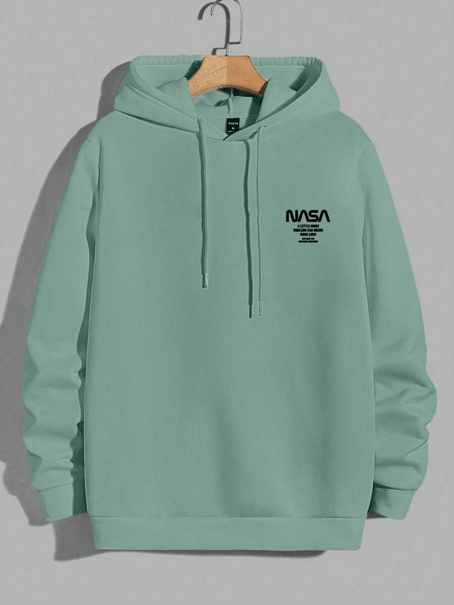 EURMUSE Men's English Letter Print Drawstring Hoodie - Green - View 1