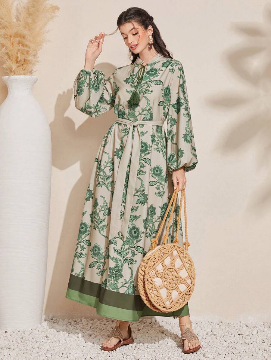 Al Najma Women's Floral Print Bow-Tie Neck Long Lantern Sleeve Modest Dress Cottagecore Dresslantern Sleeve Dressresort Wear Women - Green - View 1