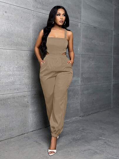 Slaydiva 純色鑽石空心背部穿帶連體褲