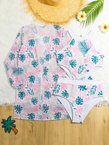 Teen Boys' Plant Pattern Printed Hollow Out Waist One Piece Swimsuit + Traditional Japanese Outfit - Multicolor - View 1