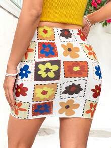 Soleia Ladies' Skirt With Floral Print - Blue and White - View 2