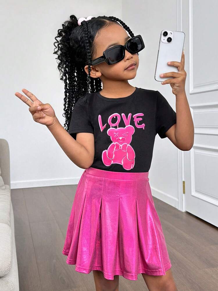 Toddler Girls' Cartoon Bear & Letter Print Short Sleeve Top With Round Neckline And Woven Skirt