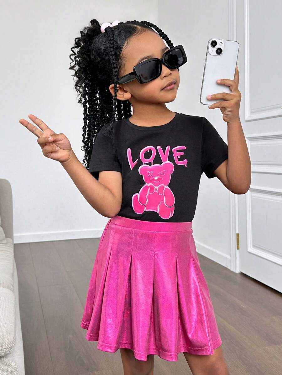 Toddler Girls' Cartoon Bear & Letter Print Short Sleeve Top With Round Neckline And Woven Skirt - Multicolor - View 1