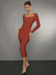SHEIN BAE Vestido De Manga Larga Con Escote Corazón Para Mujer - Óxido marrón - Ver 4
