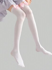 ROMWE Kawaii 1双女士及膝袜，带粉色蝴蝶结，适合情人节、四季和万圣节 - 白色 - 查看 4