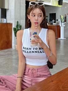 DAZY Women'S Tank Top For Summer With Slogan Print - White - View 3