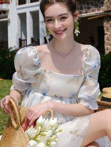 Women's Floral Printed Puff Sleeve Dress - White - View 3