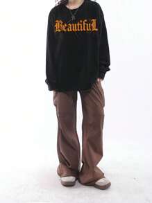 Dewbera Của phụ nữ Lá thư In Vòng cổ Áo nỉ thể thao - màu đen - Xem 3