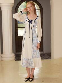 Simple Retro Polyester Printed Puff Sleeve Square Sleeve Long Dress - Blue - View 7