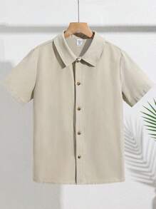 SHEIN Tween Boy Loose Casual Turn-Down Collar Tiger & Letter Print Short Sleeve Shirt